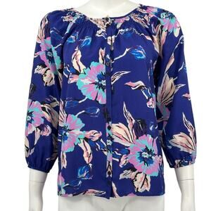 Yumi Kim Top Women Small Isi Button Up Blue Dark Floral Smocked‎ Neck Romantic